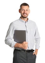 Photo of Portrait of banker with laptop on white background