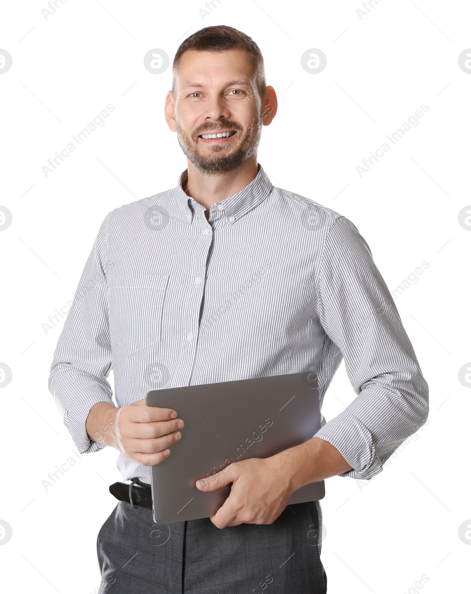 Photo of Portrait of banker with laptop on white background