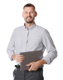 Portrait of banker with laptop on white background