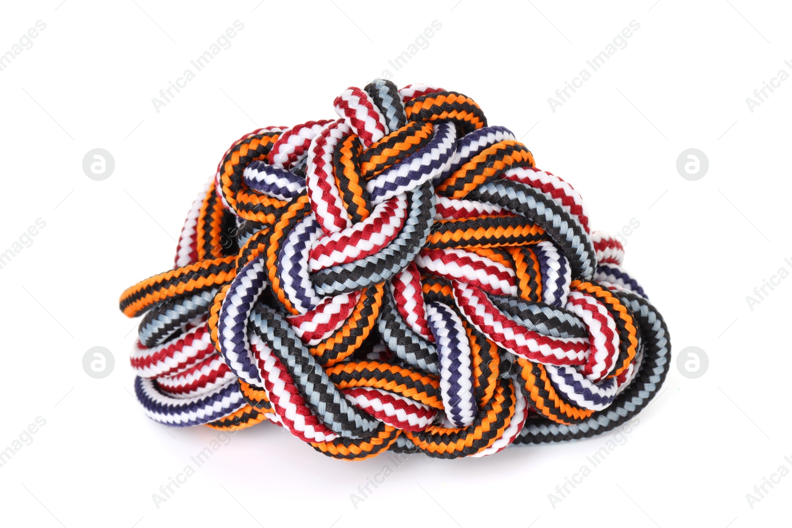 Photo of Colorful ropes tied together isolated on white. Unity concept