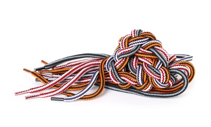 Photo of Colorful ropes tied together isolated on white. Unity concept