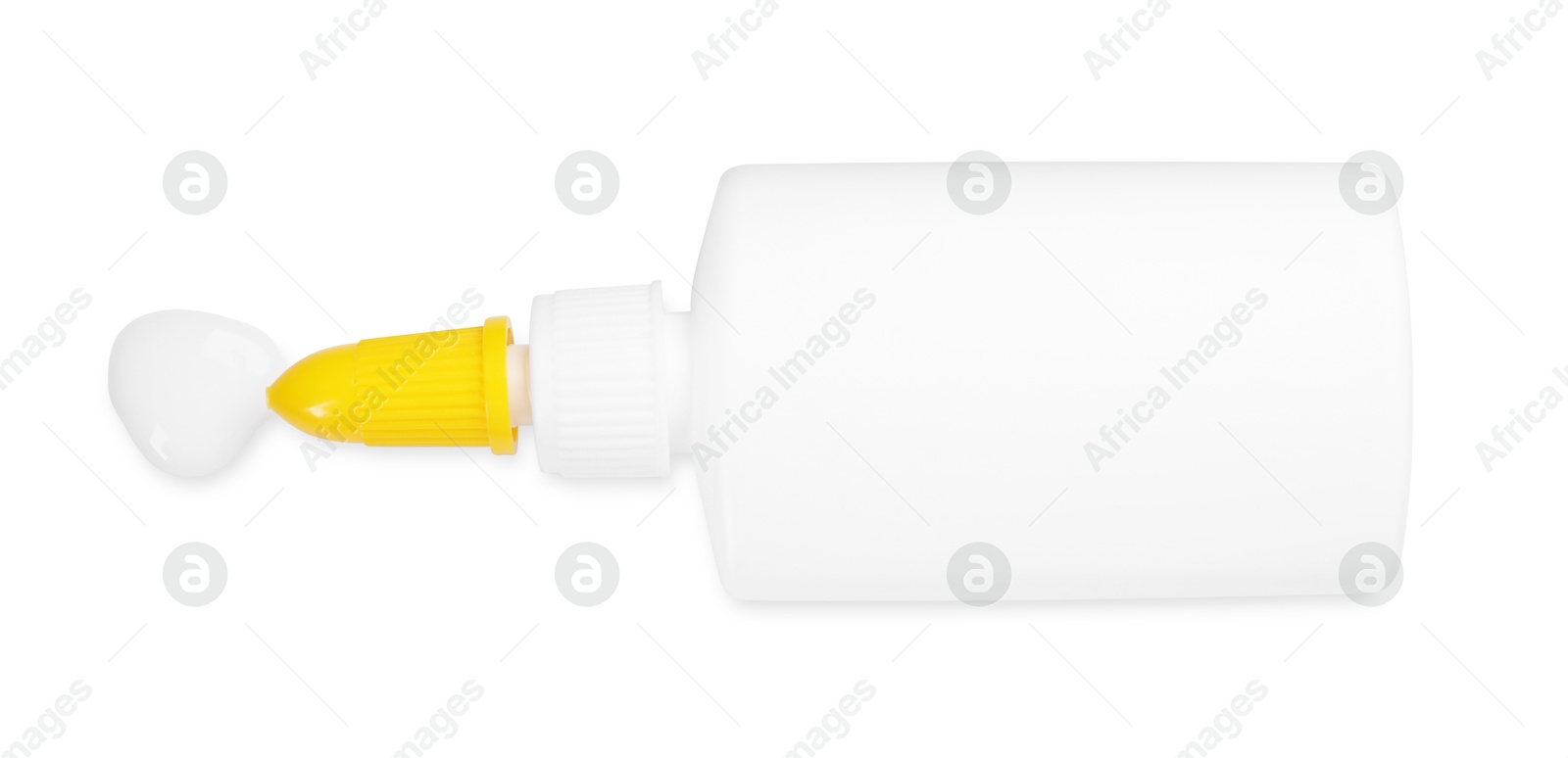 Photo of Bottle and stain of glue isolated on white, top view