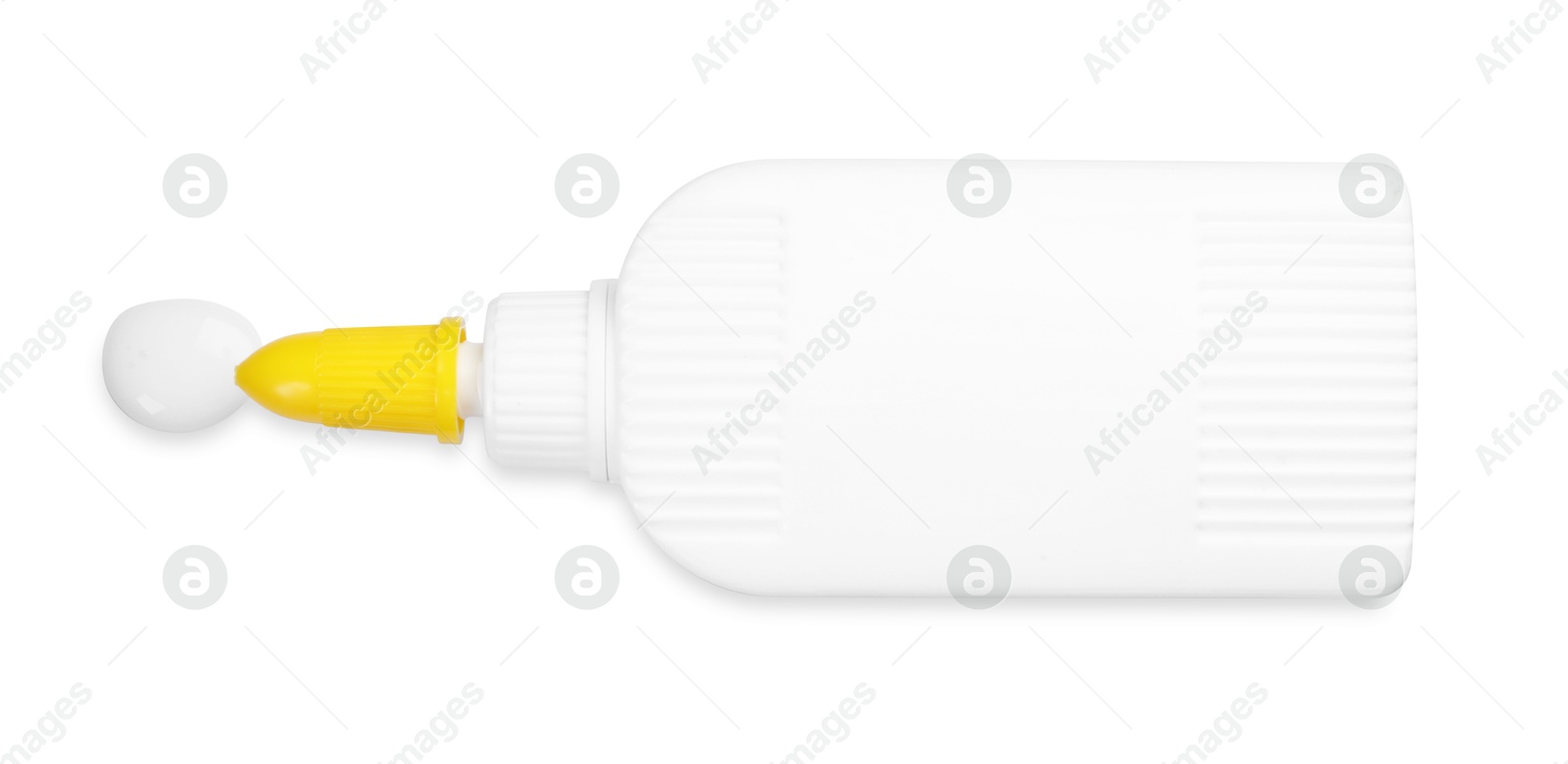 Photo of Bottle and stain of glue isolated on white, top view