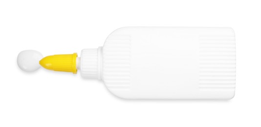 Photo of Bottle and stain of glue isolated on white, top view