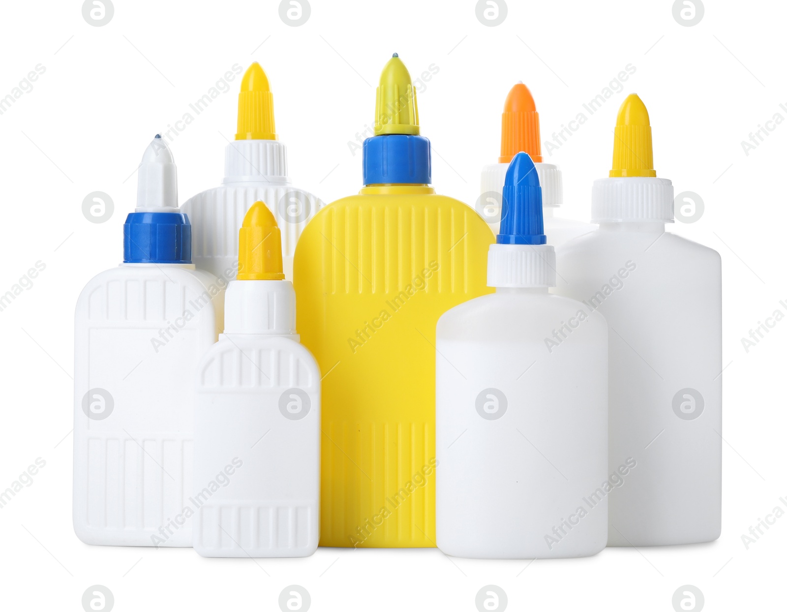 Photo of Many bottles of glue isolated on white