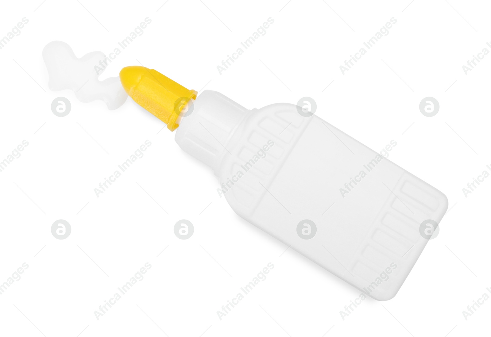 Photo of Bottle and stain of glue isolated on white, top view