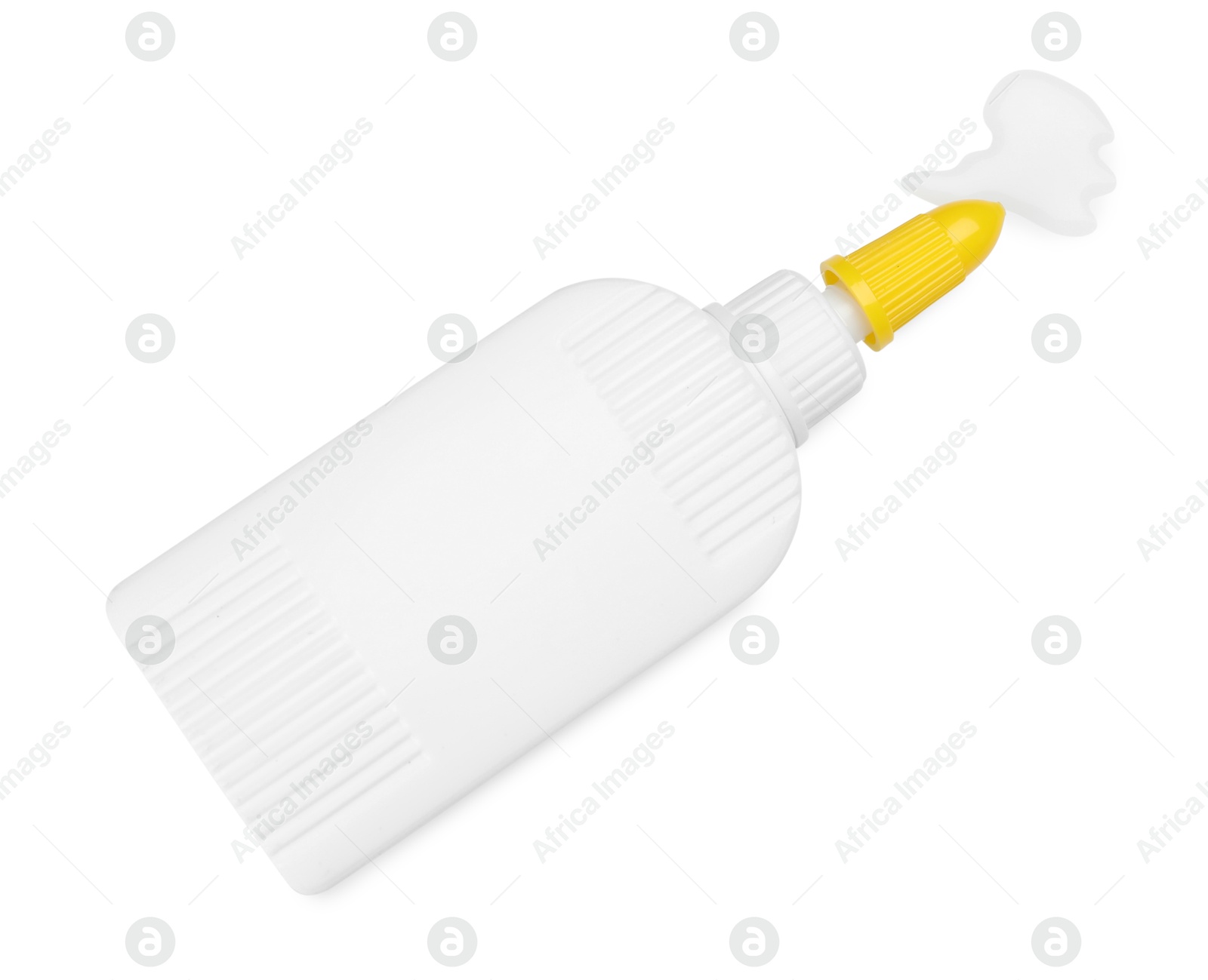 Photo of Bottle and stain of glue isolated on white, top view