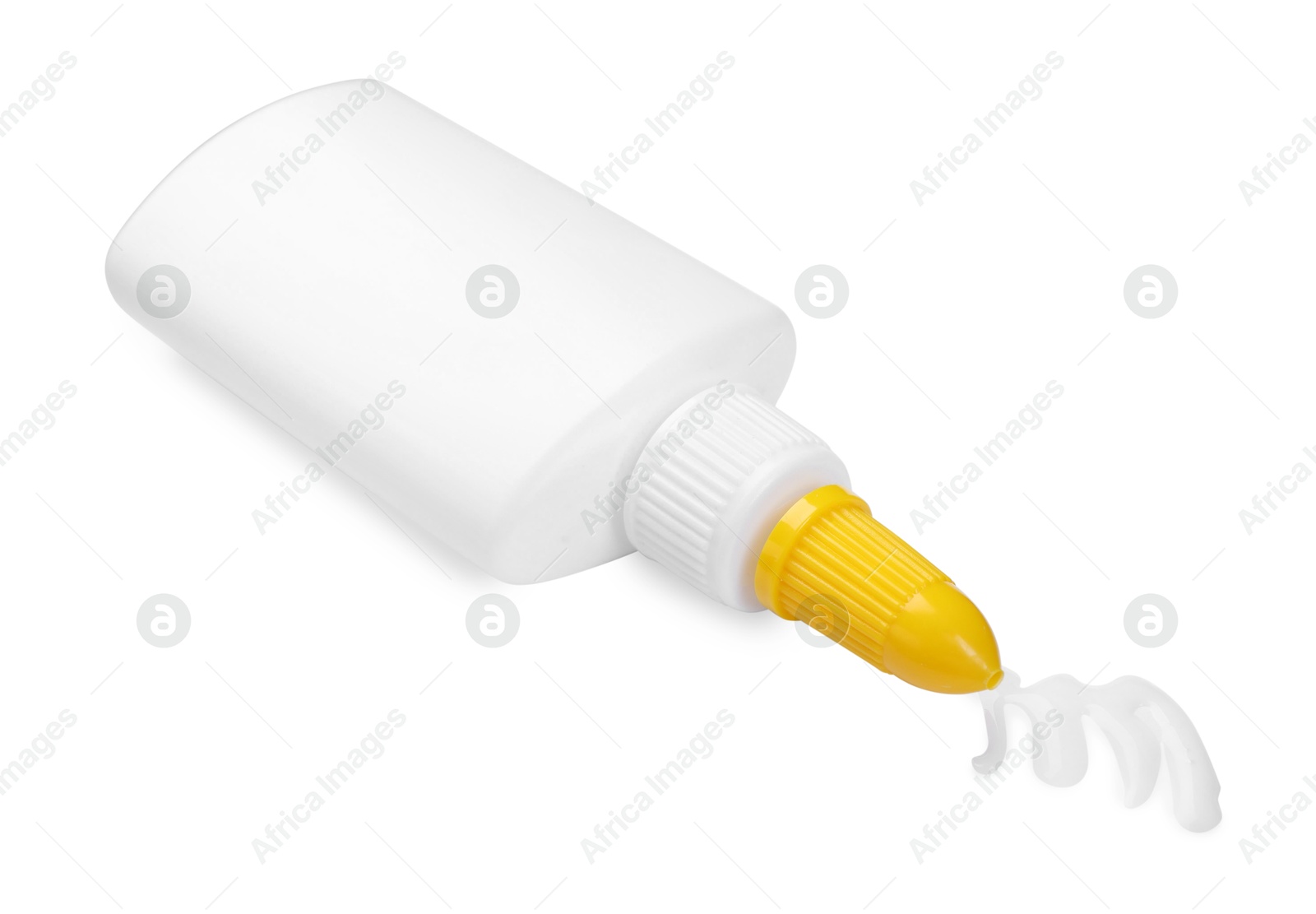 Photo of Bottle and stain of glue isolated on white