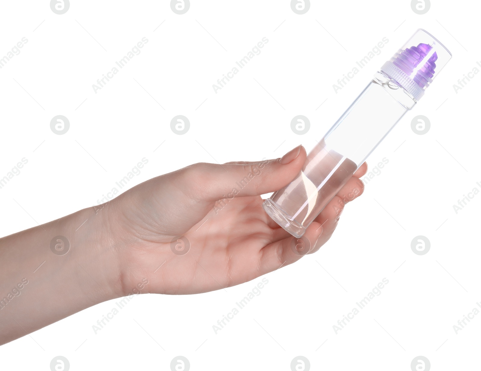 Photo of Woman with transparent glue stick on white background, closeup