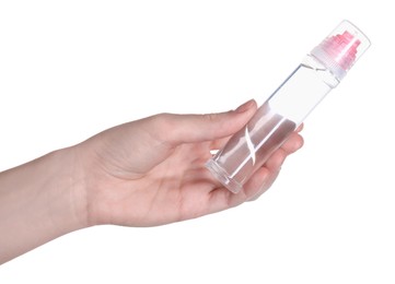 Photo of Woman with transparent glue stick on white background, closeup