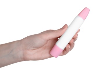 Photo of Woman with glue stick on white background, closeup