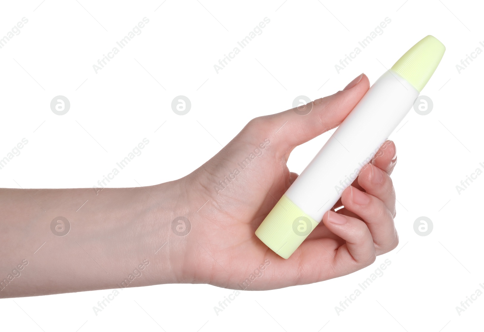 Photo of Woman with glue stick on white background, closeup