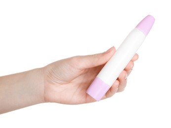 Photo of Woman with glue stick on white background, closeup