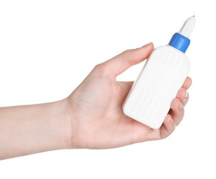 Photo of Woman with bottle of glue on white background, closeup