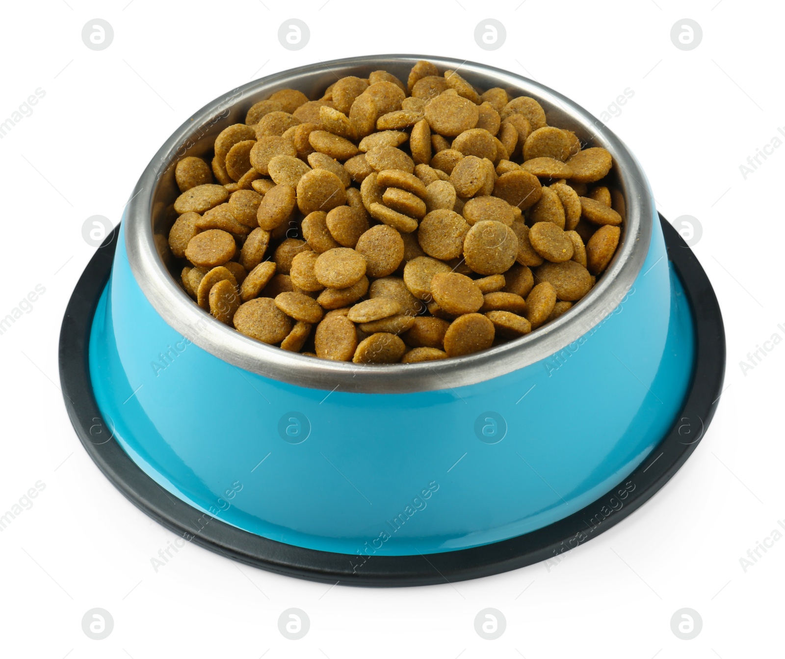 Photo of Dry pet food granules in feeding bowl isolated on white