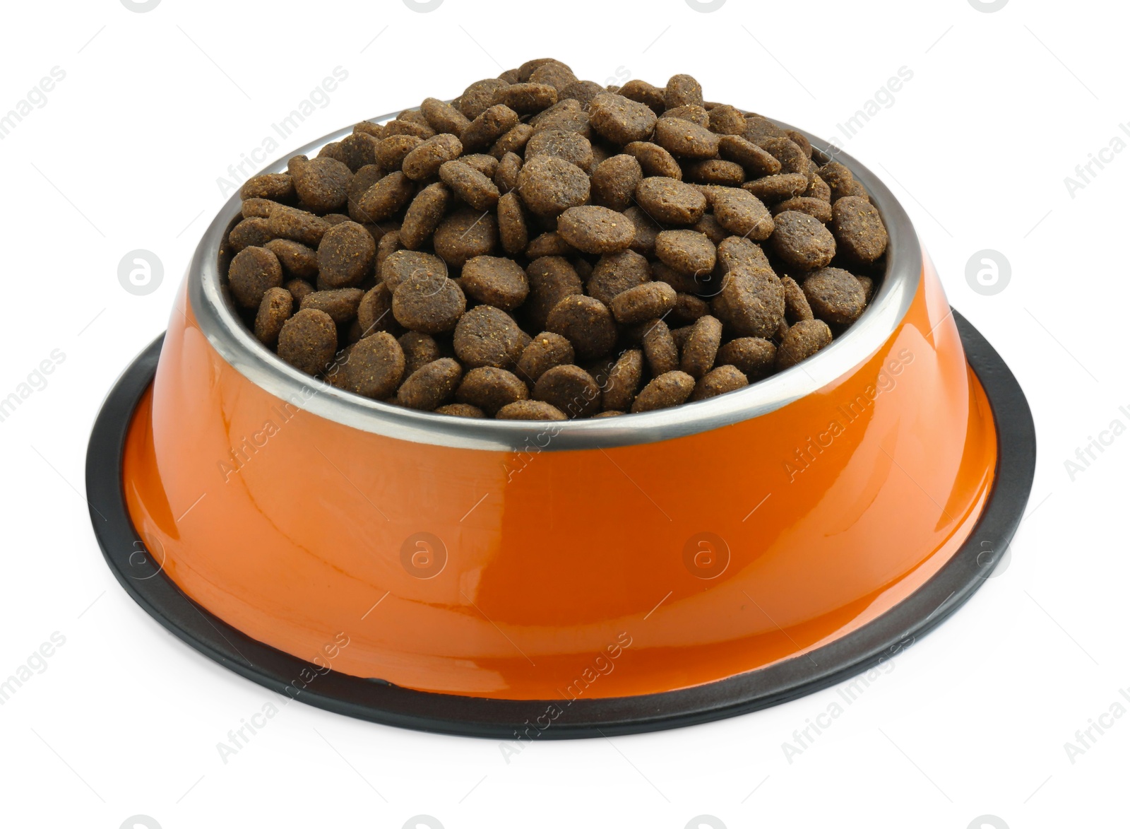 Photo of Dry pet food granules in feeding bowl isolated on white