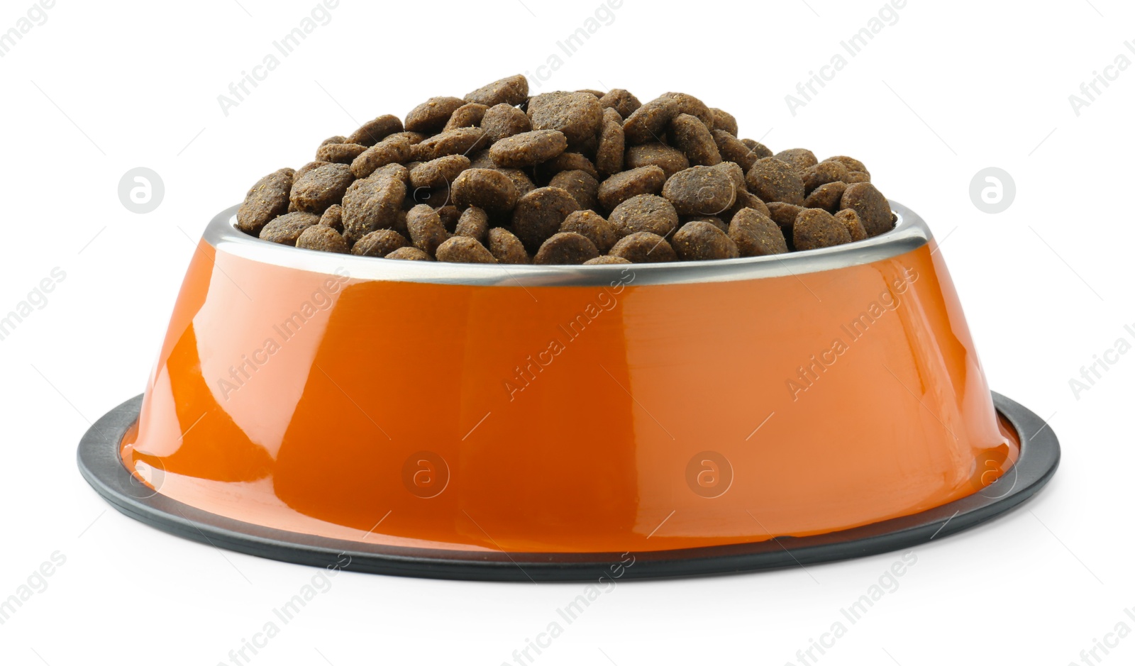 Photo of Dry pet food granules in feeding bowl isolated on white