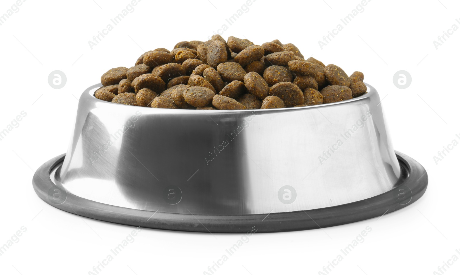 Photo of Dry pet food granules in feeding bowl isolated on white