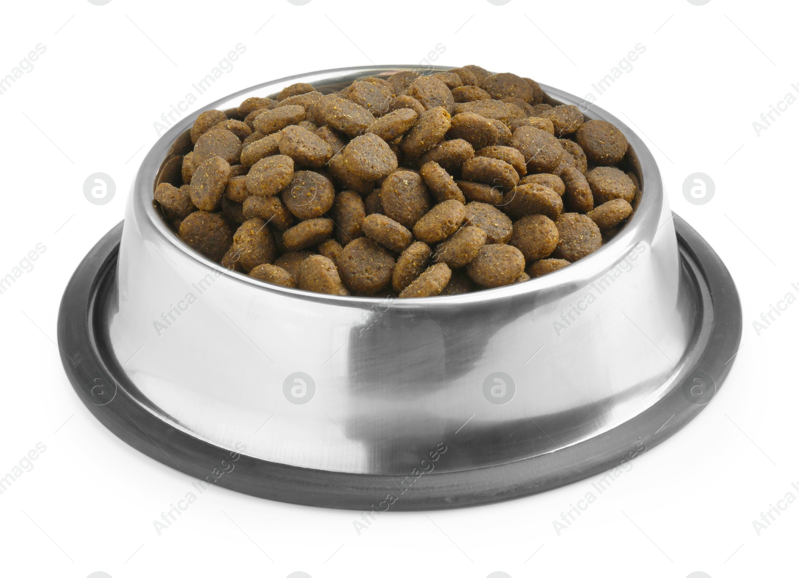 Photo of Dry pet food granules in feeding bowl isolated on white