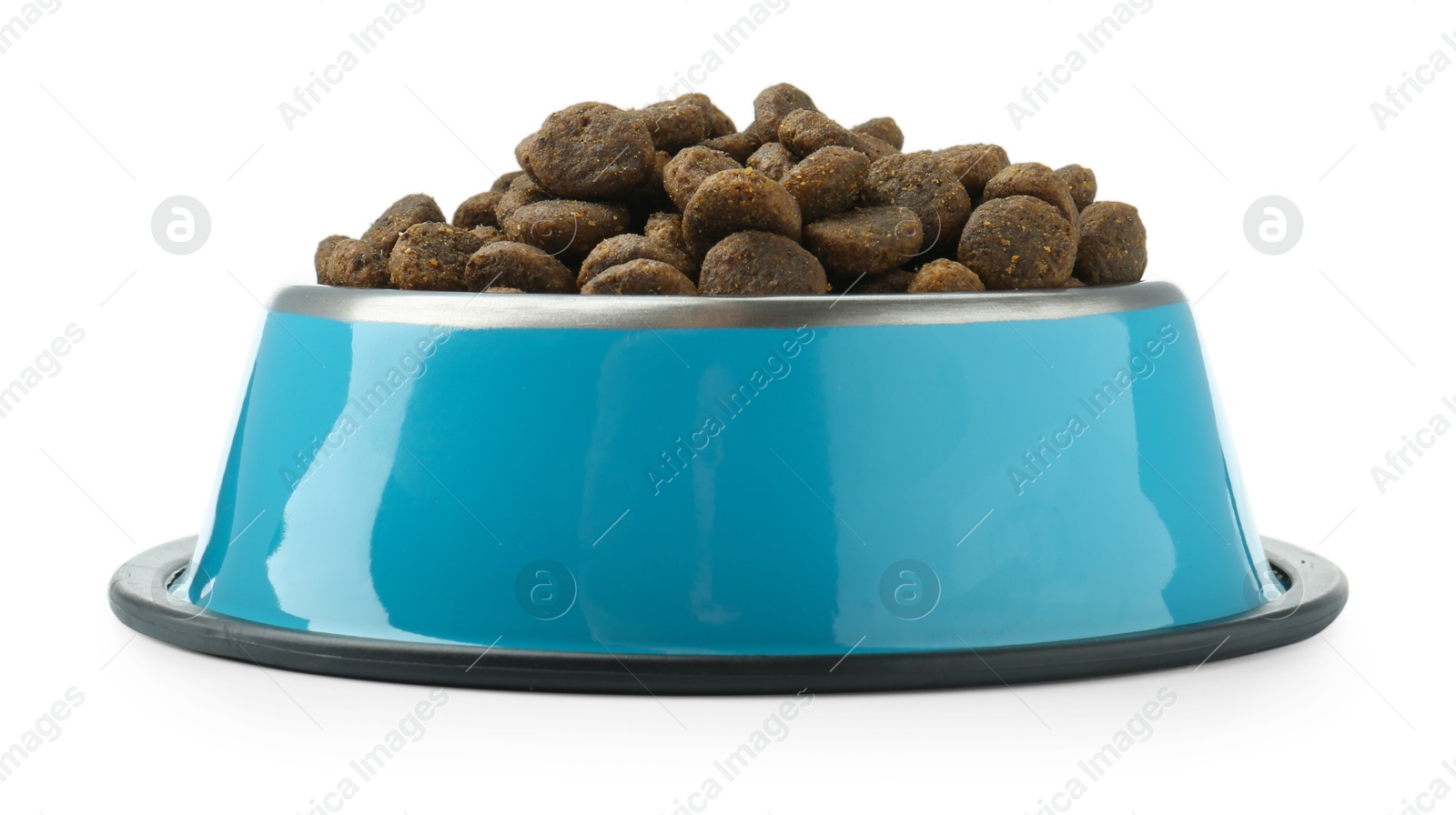 Photo of Dry pet food granules in feeding bowl isolated on white