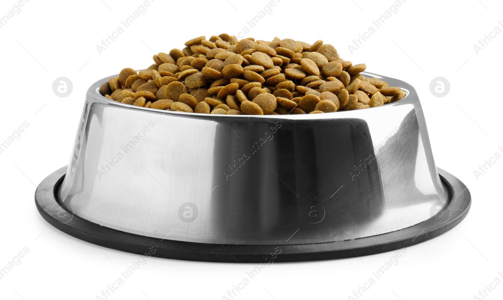 Photo of Dry pet food granules in feeding bowl isolated on white