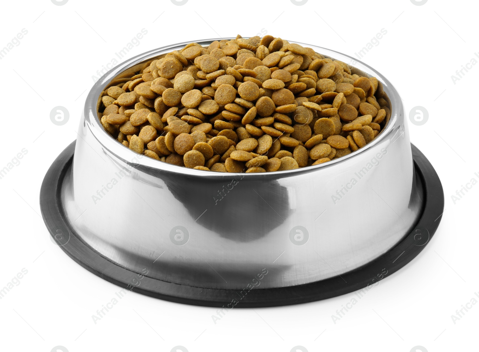 Photo of Dry pet food granules in feeding bowl isolated on white