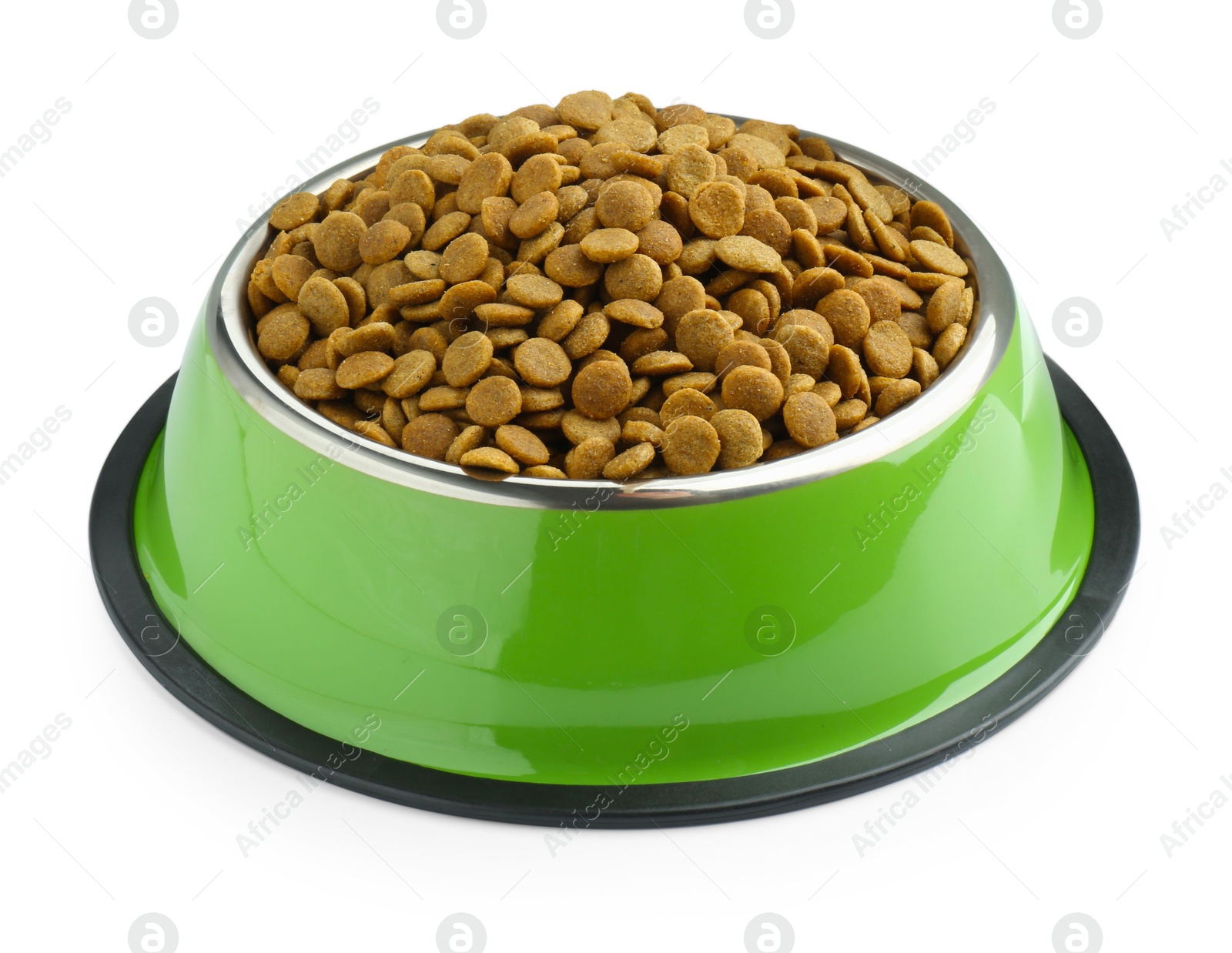 Photo of Dry pet food granules in feeding bowl isolated on white