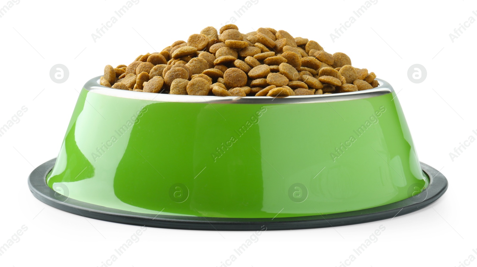 Photo of Dry pet food granules in feeding bowl isolated on white