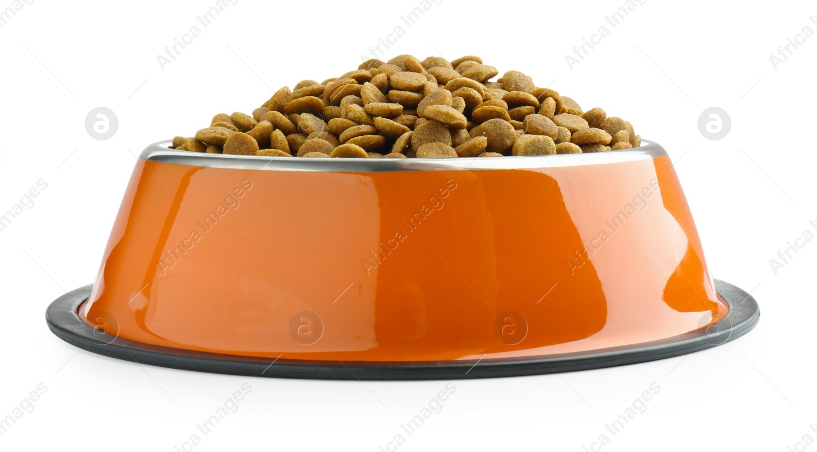 Photo of Dry pet food granules in feeding bowl isolated on white