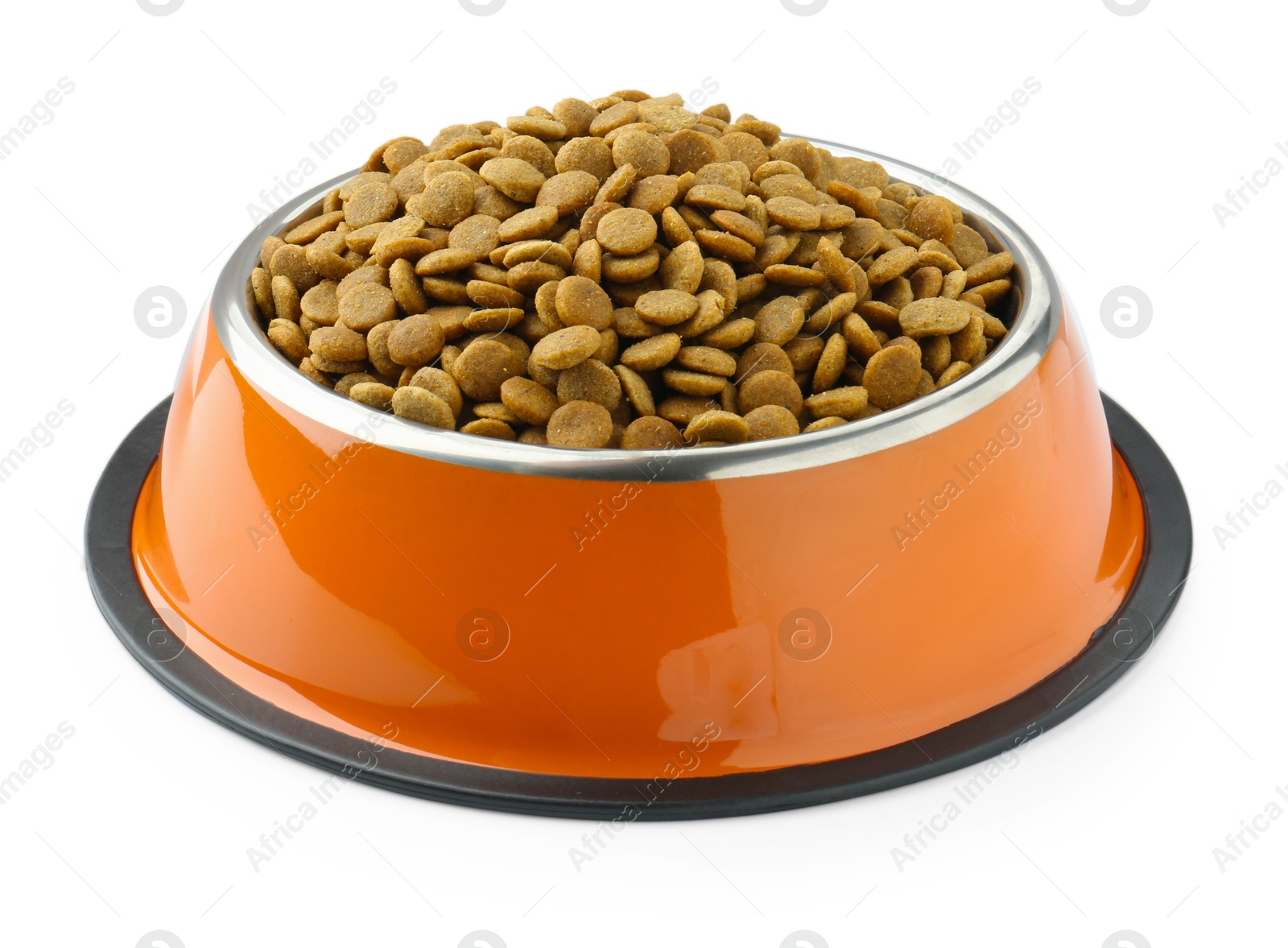 Photo of Dry pet food granules in feeding bowl isolated on white