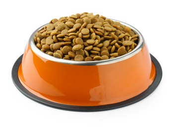 Photo of Dry pet food granules in feeding bowl isolated on white