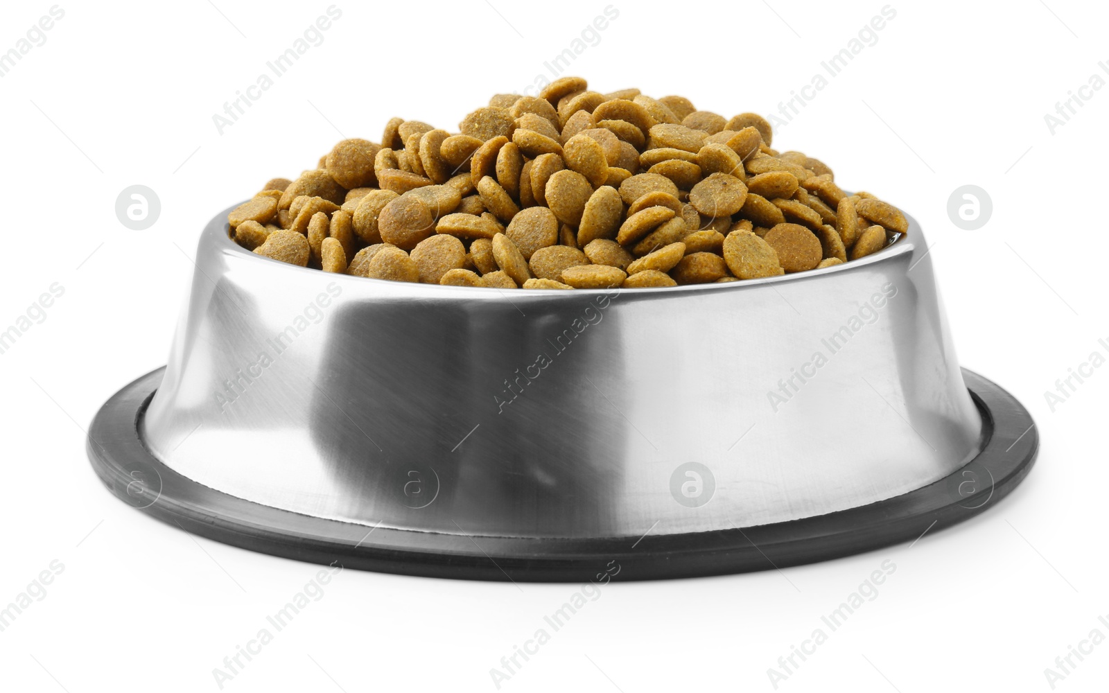 Photo of Dry pet food granules in feeding bowl isolated on white