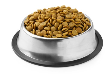 Photo of Dry pet food granules in feeding bowl isolated on white