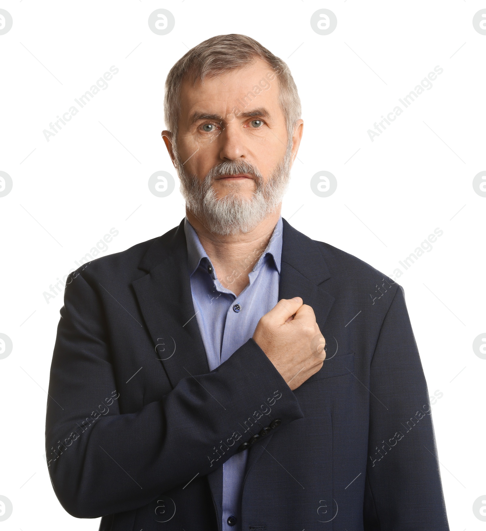 Photo of Mature man making promise on white background. Oath gesture