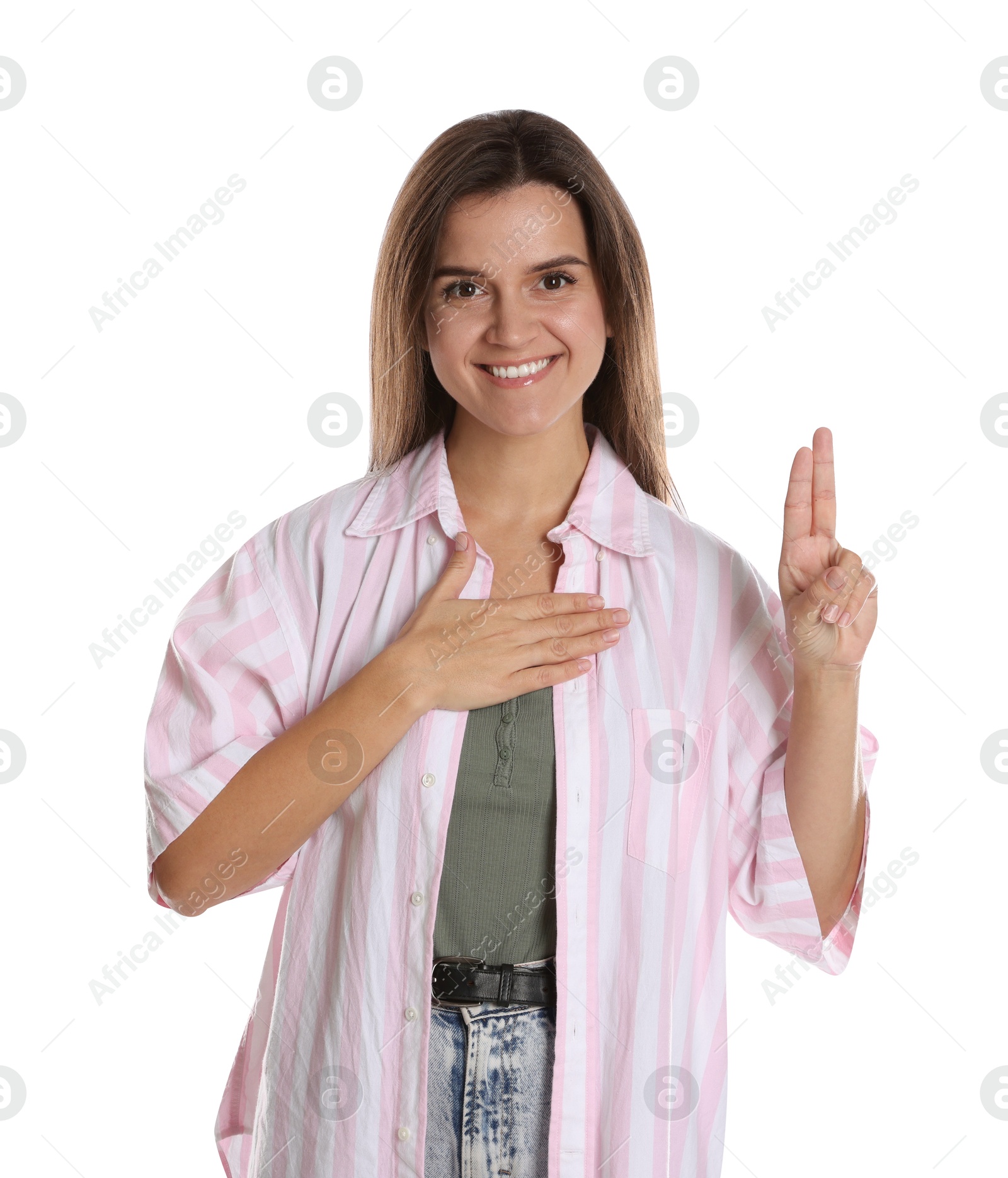 Photo of Woman showing oath gesture on white background. Making promise