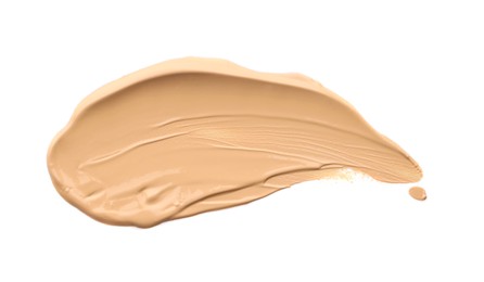 Photo of Skin foundation isolated on white, top view. Sample of cosmetic product