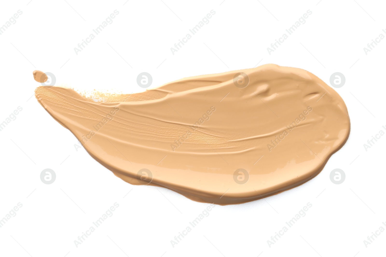 Photo of Skin foundation isolated on white, top view. Sample of cosmetic product