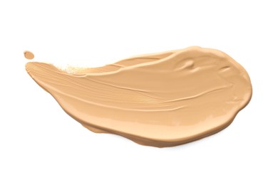 Photo of Skin foundation isolated on white, top view. Sample of cosmetic product