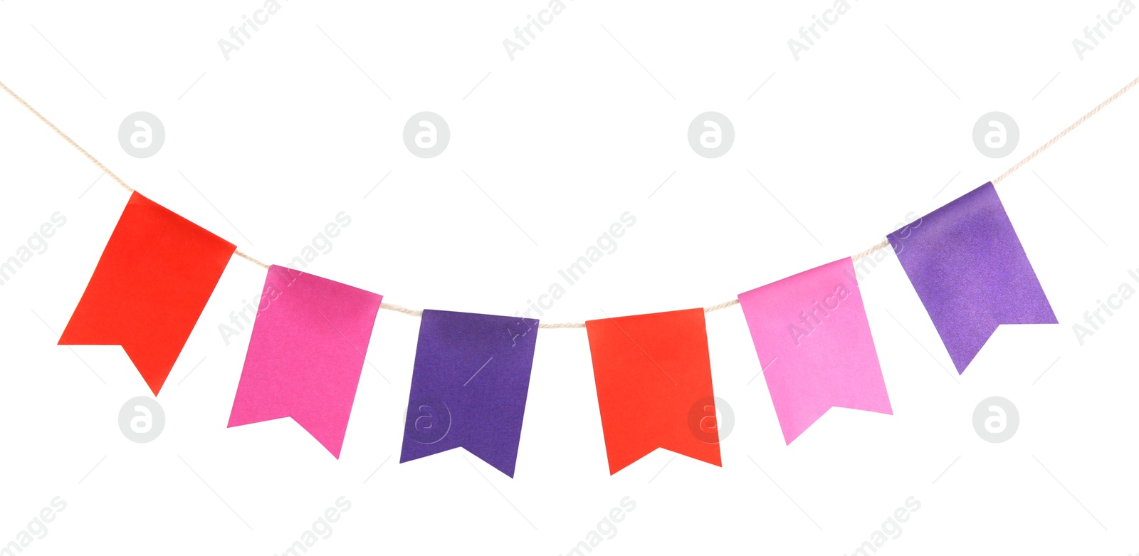 Photo of Colorful party flags isolated on white. Festive decor