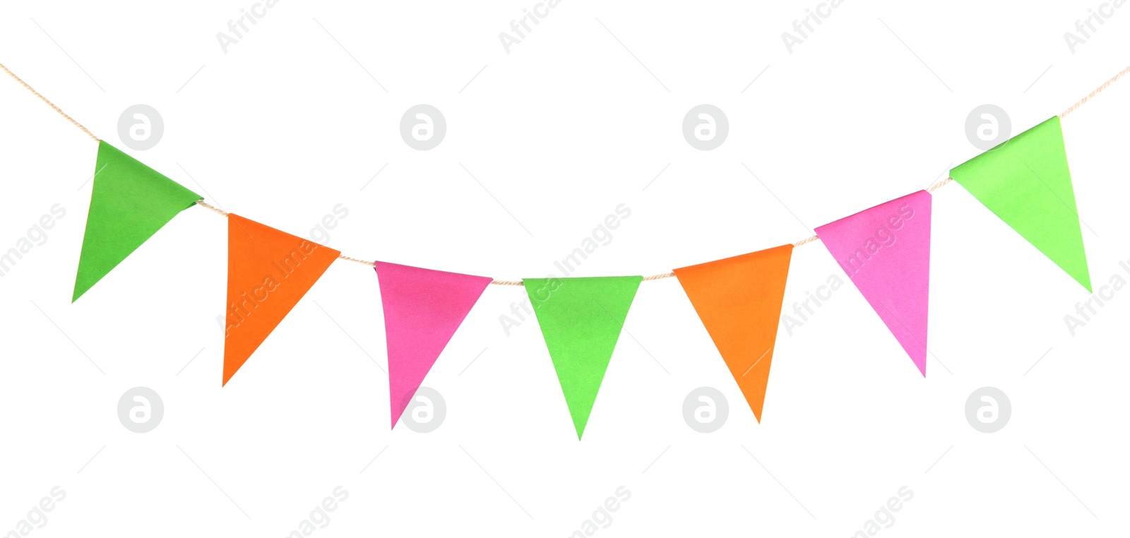 Colorful party flags isolated on white. Festive decor Photo of Colorful party flags isolated on white. Festive decor