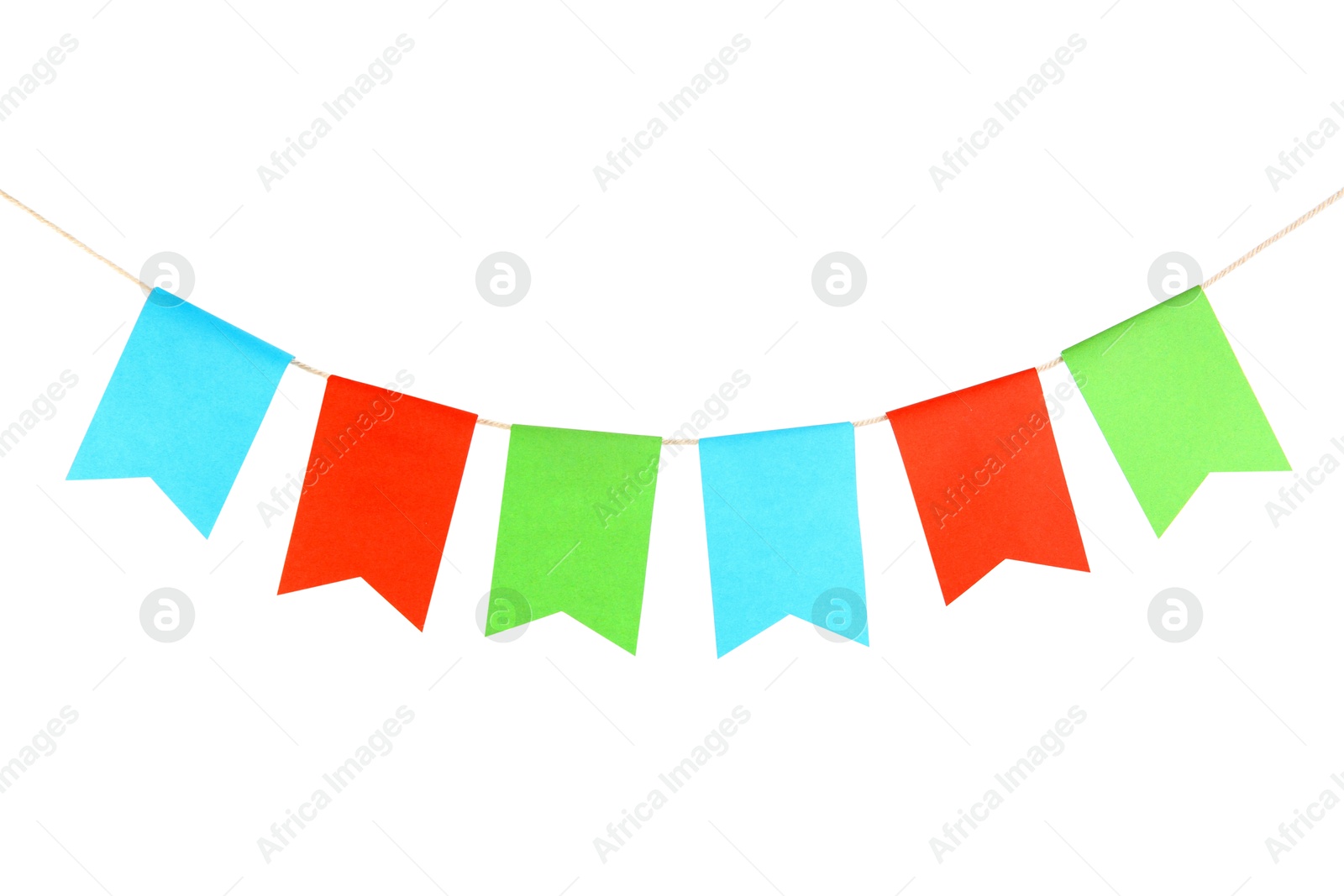 Colorful party flags isolated on white. Festive decor Photo of Colorful party flags isolated on white. Festive decor