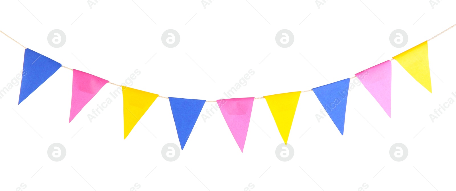 Photo of Colorful party flags isolated on white. Festive decor