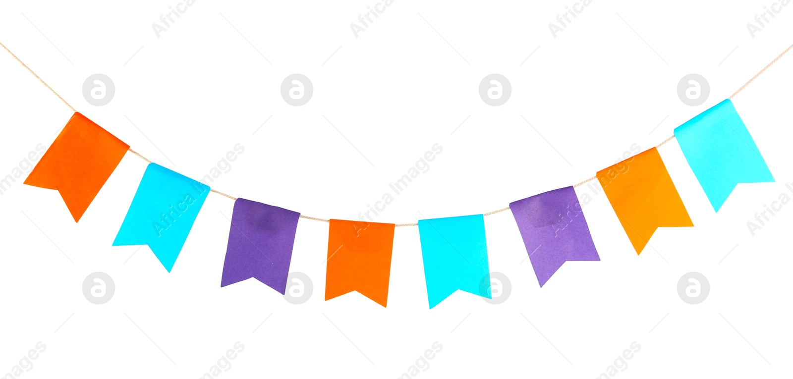 Colorful party flags isolated on white. Festive decor Photo of Colorful party flags isolated on white. Festive decor