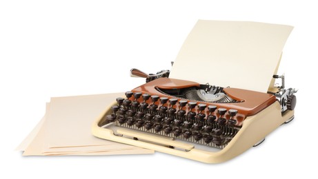 Photo of Vintage typewriter and sheets of paper isolated on white