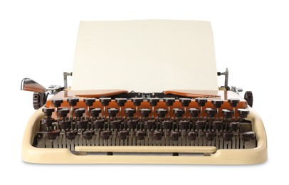 Photo of Vintage typewriter with sheet of paper isolated on white