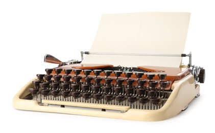 Photo of Vintage typewriter with sheet of paper isolated on white