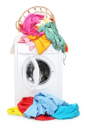 Photo of Washing machine and laundry basket with colorful clothes isolated on white