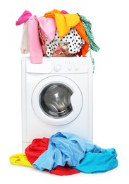 Photo of Washing machine and laundry basket with colorful clothes isolated on white