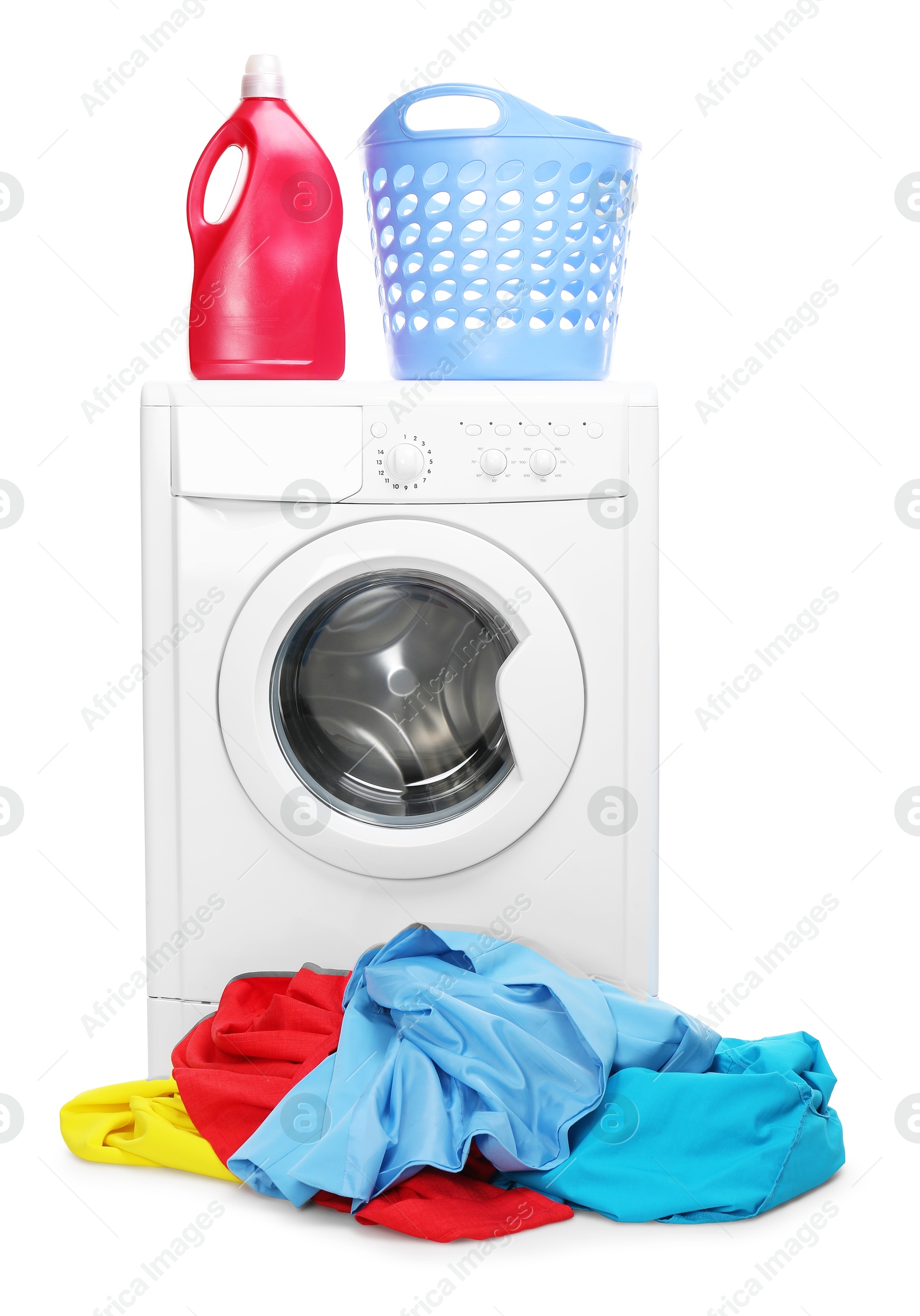 Photo of Washing machine, detergent, laundry basket and colorful clothes isolated on white