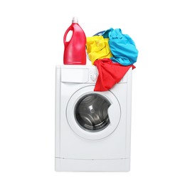 Photo of Washing machine, detergent and colorful clothes isolated on white